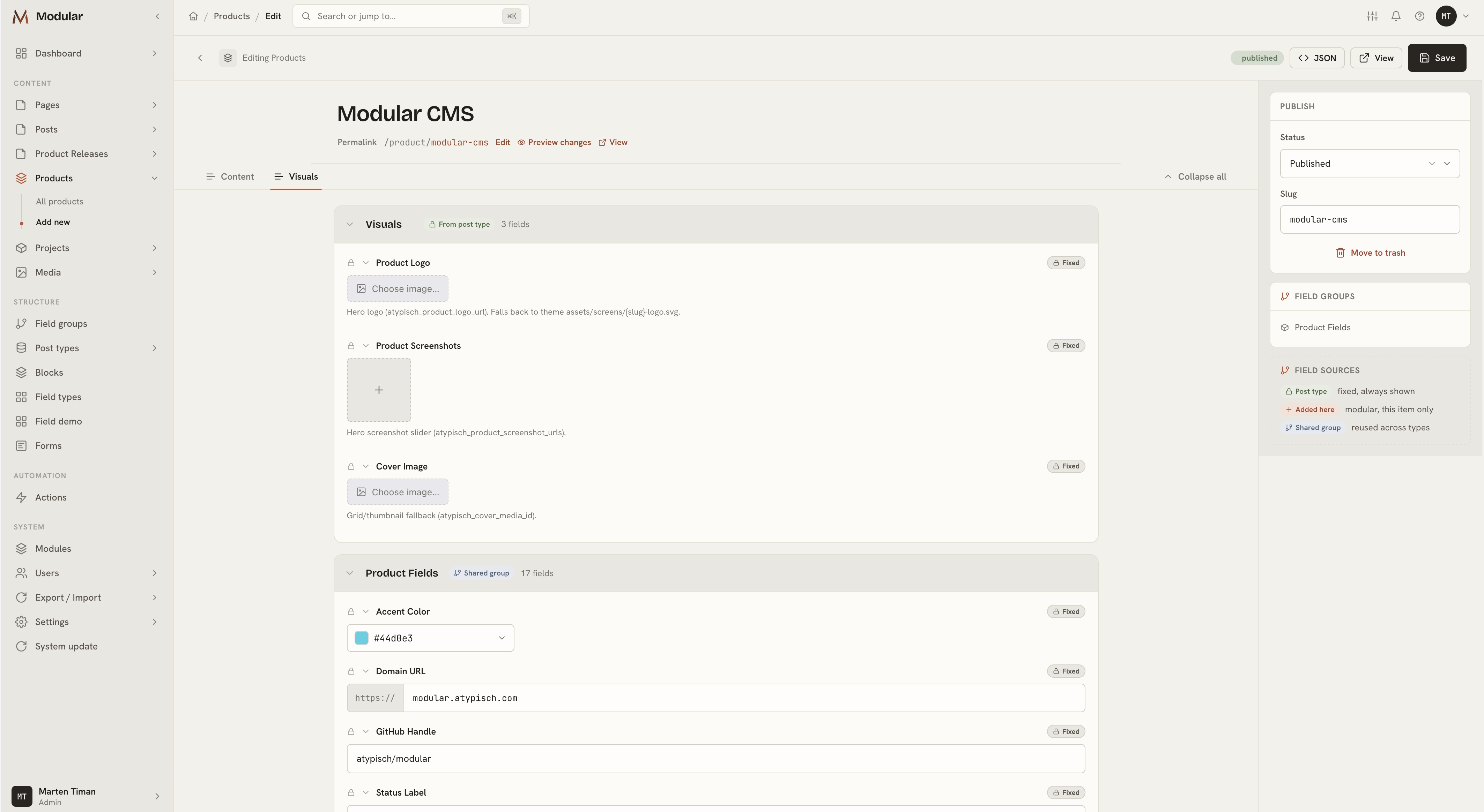Modular CMS screen 1