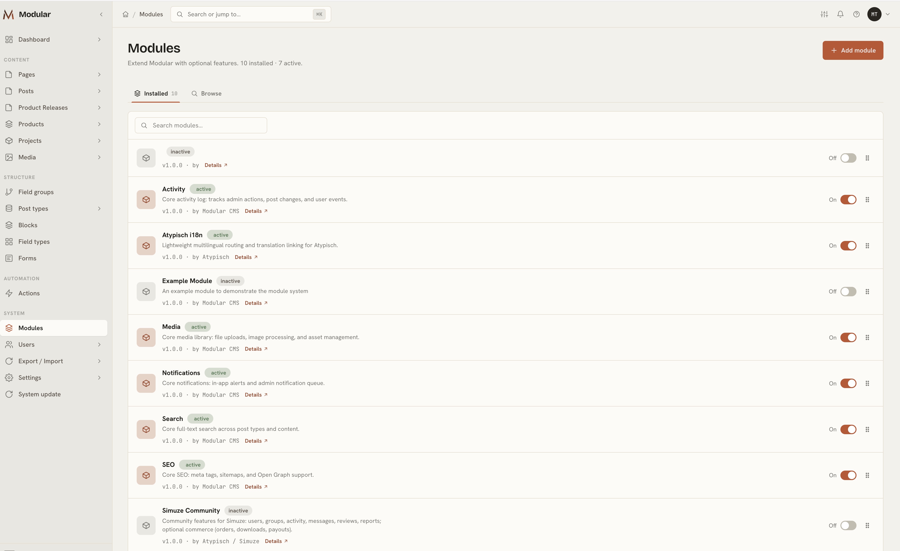 Modular CMS screen 7